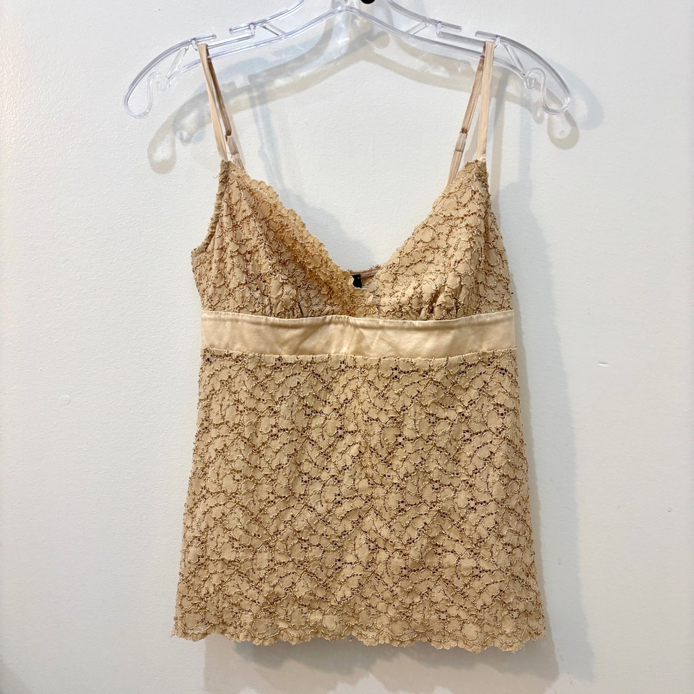 Bebe Y2K Womens Lace Gold Cream Tank Satin Belt Camisole Ajustable Straps Medium